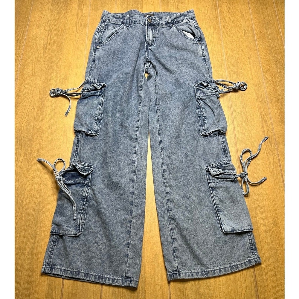 Simple Society Cargo Jeans Women 5/27 Blue Acid Wash Wide Leg Y2K Utility Pants